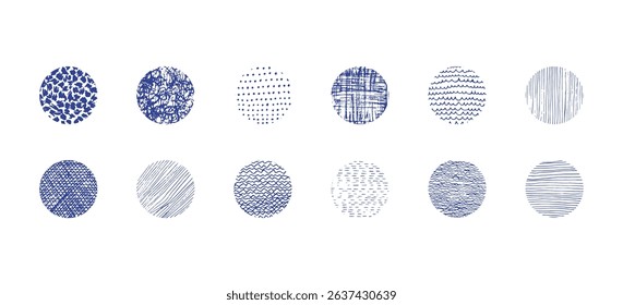 Set of isolated vector blue grunge hitting and stroking textured ink pen round shapes. Unique squiggle scratched hand drawn curve texture circles collection for graphic design, patterns