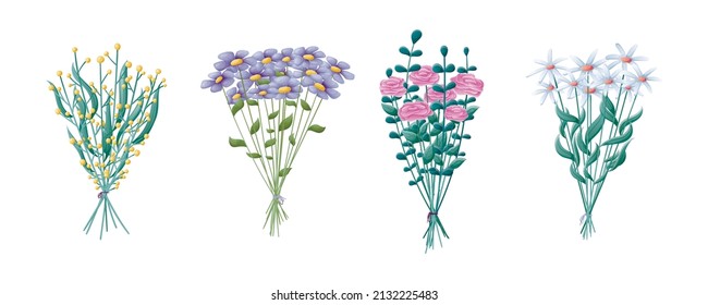 Set of isolated vector bouquets of wild flowers, daisies and roses.