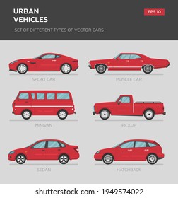 Set of isolated vector cars. 4x4, business auto, vintage car, roadster, sedan, hatchback, coupe, pickup truck. Flat illustration, icon for graphic and web design