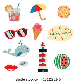 Set of isolated vector clip art. Summer elements sunglasses, cocktail, fruits, icecream, whale, lips with "XOXO" sign, "hello summer"sign, umbrella, lighthouse. Use it for stickers, nursery art, cards