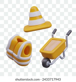 Set of isolated vector construction objects. Signal cone, vest, wheelbarrow in realistic style