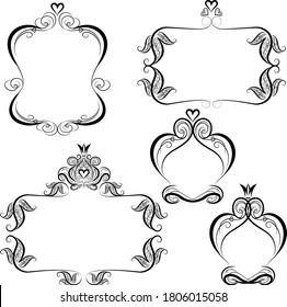 Set of isolated vector decorative royal beautiful romantic intricate vintage frames with hearts, curlicues, crowns, openwork stylized leaves, flower, crown for invitations, books, cards, gift paper