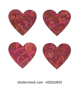 Set of isolated vector doodle pink hearts with different patterns. Decorative hand-drawing elements.