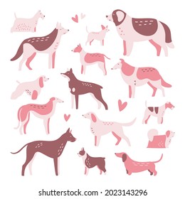 Set of isolated vector drawings of different dog breeds, cute trendy illustration for children