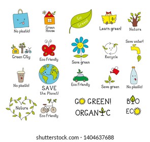 Set of isolated vector eco elements with popular slogans in doodle style. Can be used for icon, sticker, labels, decoration texts, postcards, banners, posters, invitations, blogs, websites. Go green!