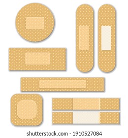 Set of isolated vector elastic bandage patch. Set of two sided adhesive plasters. Oblong, square,  round skin patch. Sticky bandage. Protective cover. Vector illustration