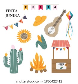 set of isolated vector elements on white background for the holiday festa. corn, cactus, hat, guitar. brazilian spring festival