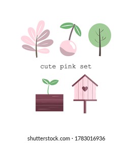 
set of isolated vector elements in pink. prints for fabric. cute set for stickers and decor.