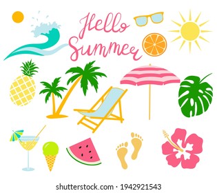 A set of isolated vector elements. Summer holidays, sun, sea wave, beach umbrella, pineapple, watermelon, drizzle, cocktail, hibiscus, sunglasses