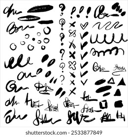 Set of isolated, vector, ellipses, punctuation marks, check marks, question marks, exclamation marks, circles, signature similar doodles with texture, hand draw