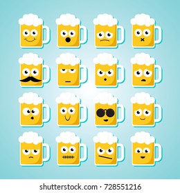 Set of isolated vector emoticons on beer mugs. Yellow and white mugs with various faces on light blue gradient background.