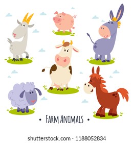 Set of isolated vector farm animals cartoon: goat, pig, donkey, cow, sheep, horse
