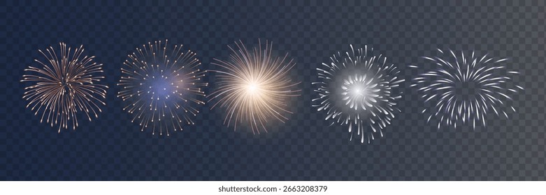 set of isolated vector fireworks on a transparent background.