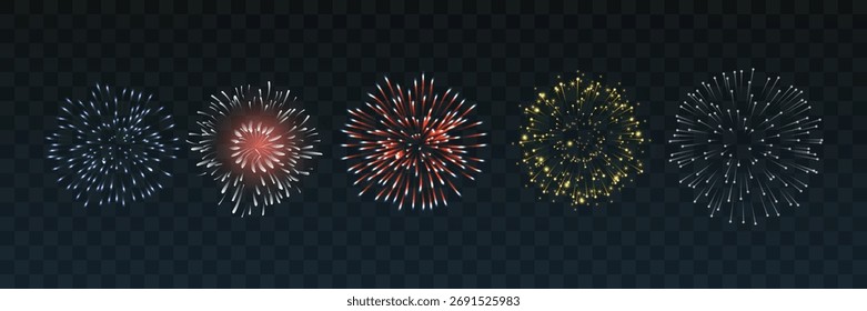 Conjunto de fuegos artificiales de Vector aislados sobre un fondo transparente.