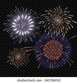 A set of isolated vector fireworks on a transparent background.