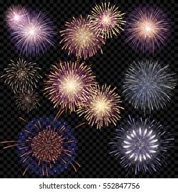 A set of isolated vector fireworks on a transparent background.