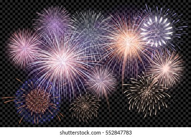A set of isolated vector fireworks on a transparent background.