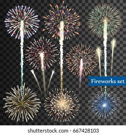 Set of isolated vector fireworks on transparent background