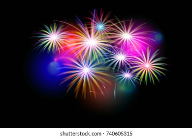 set of isolated vector fireworks on a black background. Illustration