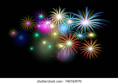  set of isolated vector fireworks on a black background. Illustration