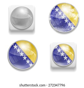 Set Isolated Vector Flag of Bosnia and Herzegovina is made in form of realistic volume glass button plastic-based on white background for brochure, printed element, web site, Illustration, Image, Icon