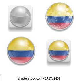 Set Isolated Vector Flag of Colombia is made in form of realistic volume glass button plastic-based on white background for brochure, printed material, element, web site, Illustration, Image, Icon