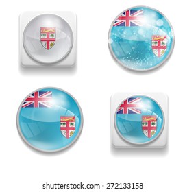 Set Isolated Vector Flag of Fiji is made in form of realistic volume glass button plastic-based on white background for brochures, printed materials, element, web site, Illustration, Image, Icon