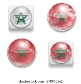 Set Isolated Vector Flag of Morocco is made in form of realistic volume glass button plastic-based on white background for brochures, printed materials, element, web site, Illustration, Image, Icon