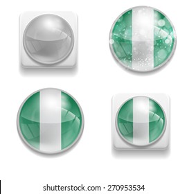 Set Isolated Vector Flag of Nigeria is made in form of realistic volume glass button plastic-based on white background for brochures, printed materials, element, web site, Illustration, Image, Icon