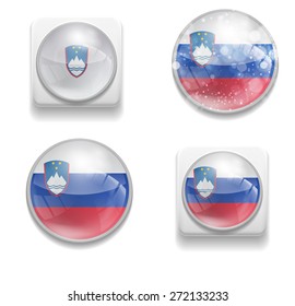 Set Isolated Vector Flag of Slovenia is made in form of realistic volume glass button plastic-based on white background for brochures, printed materials, element, web site, Illustration, Image, Icon