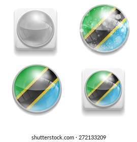 Set Isolated Vector Flag of Tanzania is made in form of realistic volume glass button plastic-based on white background for brochures, printed materials, element, web site, Illustration, Image, Icon