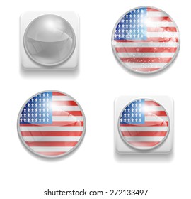 Set Isolated Vector Flag of USA is made in form of realistic volume glass button plastic-based on white background for brochures, printed materials, element, web site, Illustration, Image, Icon