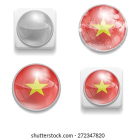 Set Isolated Vector Flag of Vietnam is made in form of realistic volume glass button plastic-based on white background for brochure, printed material, element, web site, Illustration, Image, Icon