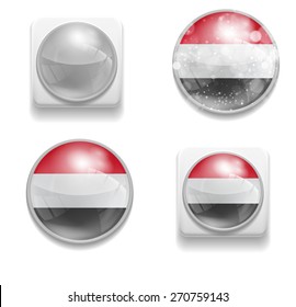 Set Isolated Vector Flag of Yemen is made in form of realistic volume glass button plastic-based on white background. Use for brochures, printed materials, element, web site, Illustration, Image, Icon