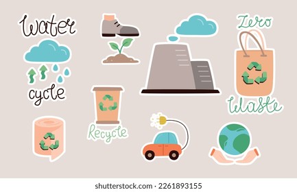 Set of isolated vector flat stickers. Recycling, conservation of the environment and nature, climate damage.