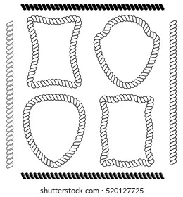 Set of isolated vector frames of rectangular shape and the shape of the shield simulating marine rope on a white background. Vector brushes imitating rope