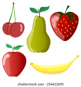 Set of  isolated vector fresh fruits with cherry pear apple strawberry banana on white background