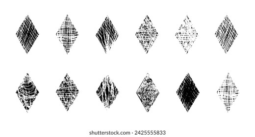 Set of isolated vector grunge abstract textured black geometric rhombus. Linocut scratched hand drawn rhomb diamond shape collection for graphic design, decoration, print