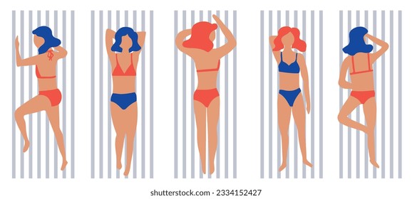Conjunto de silueta hembra dibujada a mano por vectores aislados en bikini. Impresión veraniega. Esbozo de chica con traje de baño, mujer tomando el sol en la playa, piscina. Dibujo vectorial de estilo simple. Patrón de Doodle de Mar