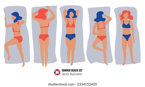 Set of isolated vector hand drawn female silhouette in bikini. Summer print. Sketch girl in swimsuit, woman sunbathing on the beach, pool. Vector cartoon simple style illustration. Sea Doodle pattern