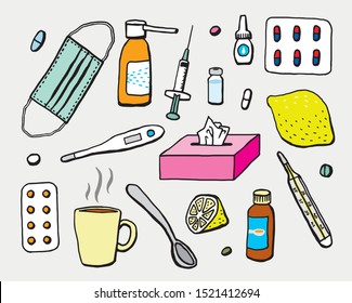 Set of isolated vector hand-drawn doodles - cold/flu theme items - medical mask, napkin, pills, spray, syrup bottle, hot tea, lemon, digital thermometer, mercury glass, vaccine, syringe, blister packs