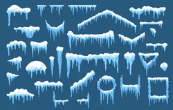 Set Of Isolated Vector Ice And Snow Shapes For House Or Home Roof. Frost Circle And Rectangle Shapes For New Year And Christmas. Xmas Holiday Snowcap Pile With Hanging Icicle. Icy And Winter Snowy Cap