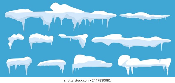 Set of isolated vector ice and snow shapes for house or home roof. Frost circle and rectangle shapes for new year and christmas.