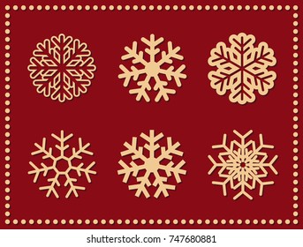 Set of isolated vector icon snowflakes on red.