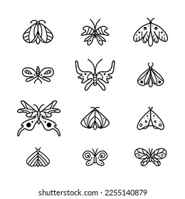 Set of isolated vector icons. Butterflies and moths, wings with different patterns. Black outline without fill on a transparent background.