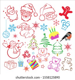 Set of isolated vector icons to decorate Christmas cards and new year holidays: Santa Claus, Christmas tree, Teddy bear, snowman, gift box, snowflakes, cake, toys, stars. Graphic design