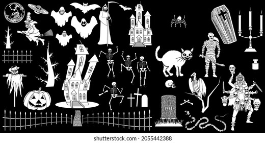 Set of isolated vector icons of Halloween on black background