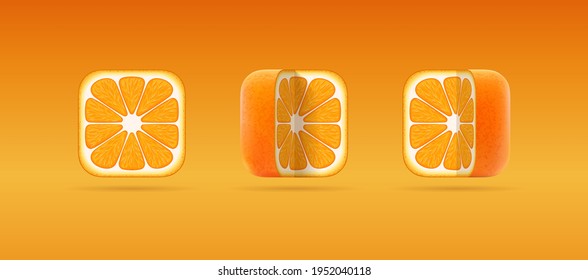Set of isolated vector icons of square cut orange mandarin. 3D cartoon illustration of juicy ripe tangerine for citrus juice packaging, vegetarian eco natural food store, logo, mobile app.