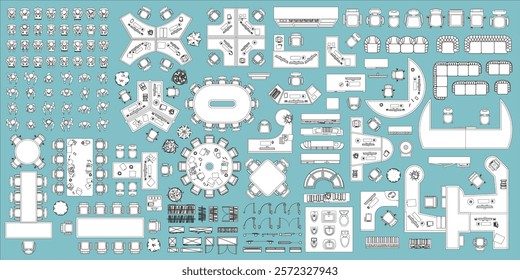 A set of isolated vector icons top view of office furniture, tables, chairs, bookcases, plants and office workers. Office space design. View from above.