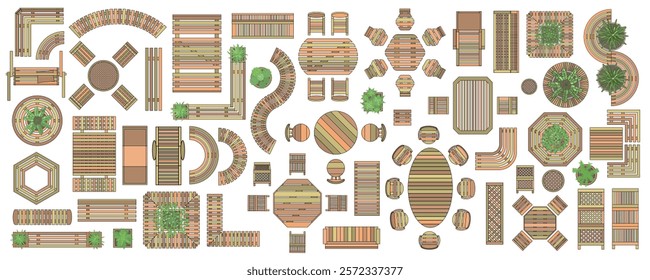 A set of isolated vector icons with a top view of furniture for the terrace, garden, backyard. Benches, tables, chairs of various shapes, green plants. Landscape design. View from above.